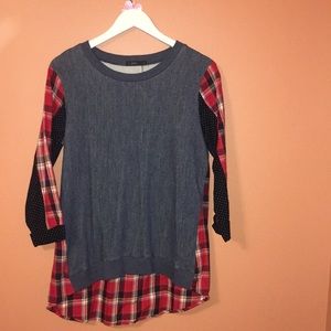 Navy polka dot & plaid shirt